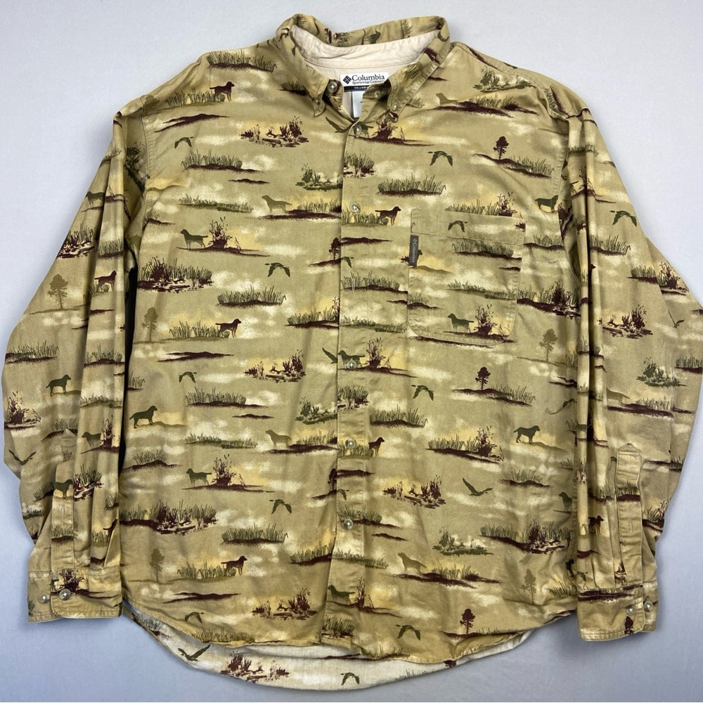 Columbia Duck Hunting Button Up Shirt Long Sleeve Men’s XL Dog Nature Cotton Tan